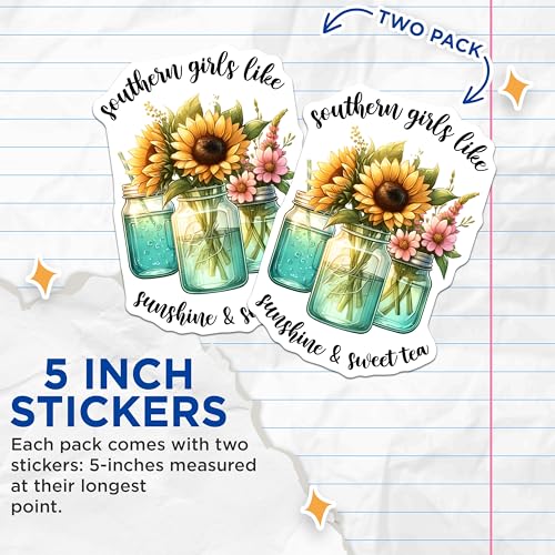 (2 Pack) Southern Girls Like Sunshine and Sweet Tea Stickers - Sunflower and Mason Jar - Southern Charm - 5" On Longest Side - Sticks to Smooth Flat Surfaces - Made in USA - BMCS8314