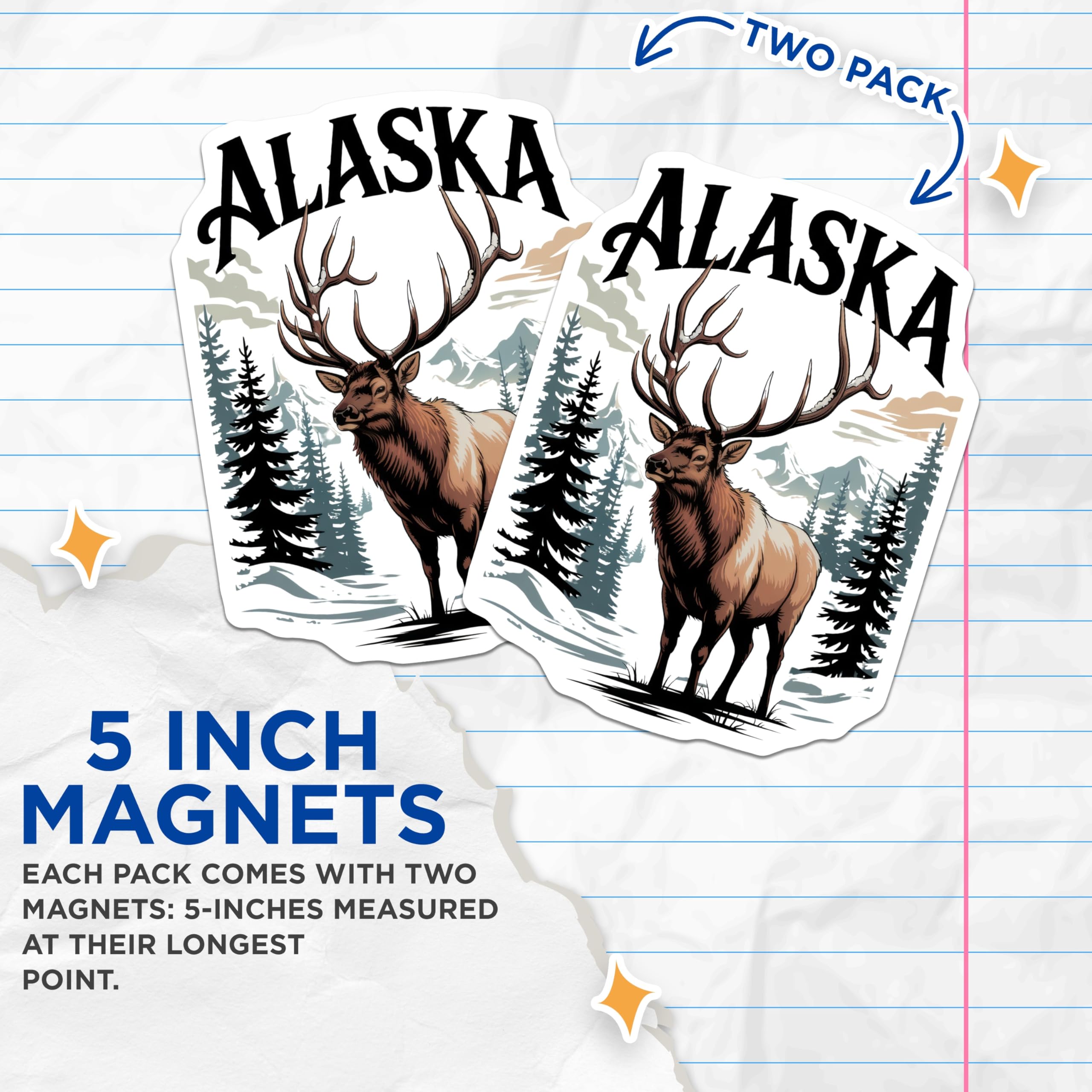 (2 Pack) Alaska Elk Magnets - Rustic Cabin Decor - Wildlife Refrigerator Magnets - 5" On Longest Side - Premium Magnet - for Cars, Refrigerators, Toolboxes, Lockers - Made in USA - MAG18296