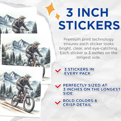 (3 Pack) Mountain Bike Decals - Biking in Snow Sticker - Cycling Laptop Decals - 3 Inches On Longest Side - Easy Peel & Apply - Made in USA - 3MCS1366
