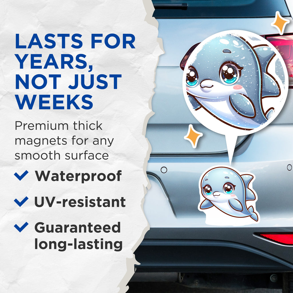 (2 Pack) Cute Dolphin Magnets - Kawaii Animal Fridge Decor - Ocean Nursery Room Decor - Kids Locker Whiteboard - 5 Inches On Longest Side - Thick Durable Magnet - Made in USA - MAG36393