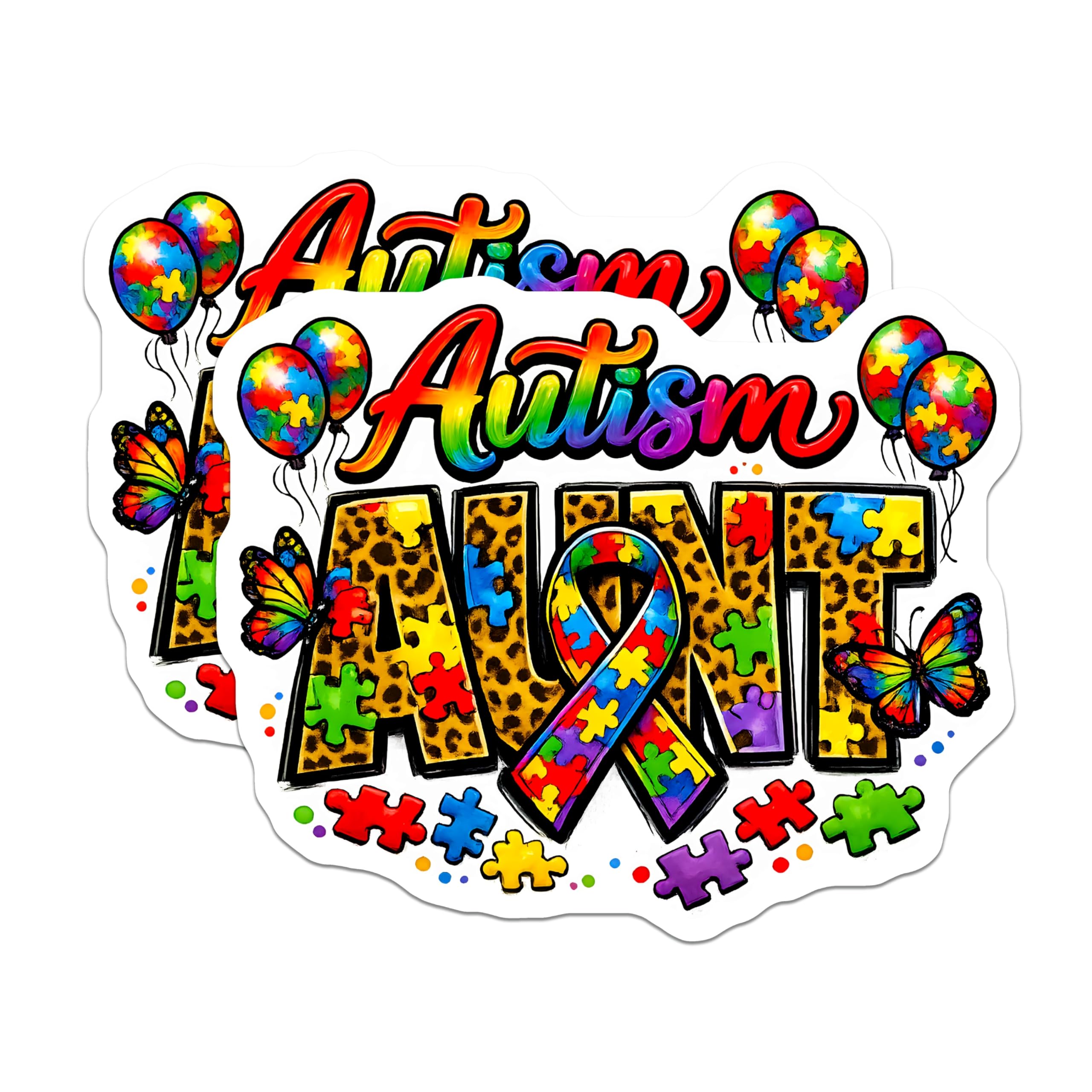(2 Pack) Autism Aunt Magnets - Neurodiversity Advocate - Colorful Puzzle Piece Design - Leopard Print Supporter - 5 Inches On Longest Side - Thick Durable Magnet - Made in USA - MAG25994