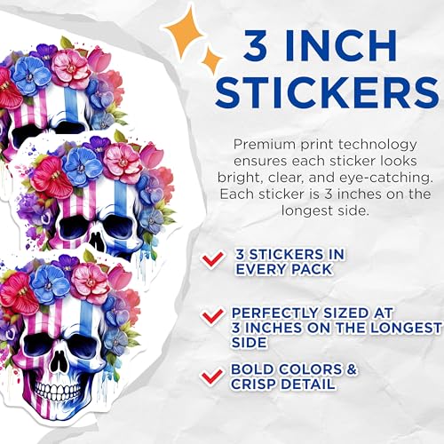 (3 Pack) Floral Skull Decals - Colorful Flower Skull Sticker - Laptop Decal Stickers- 3 Inches On Longest Side - Easy Peel & Apply - Made in USA - 3MCS5892