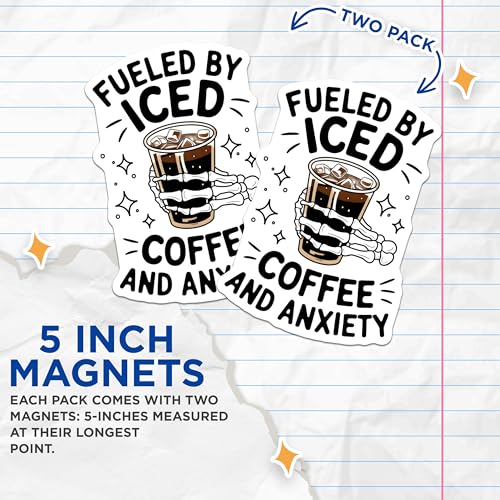 (2 Pack) Fueled by Iced Coffee Magnets - Anxiety Skeleton Hand Magnetic Decal - Fun Kitchen Fridge - 5" On Longest Side - for Cars, Fridges, Toolboxes - Made in USA - MAG3629