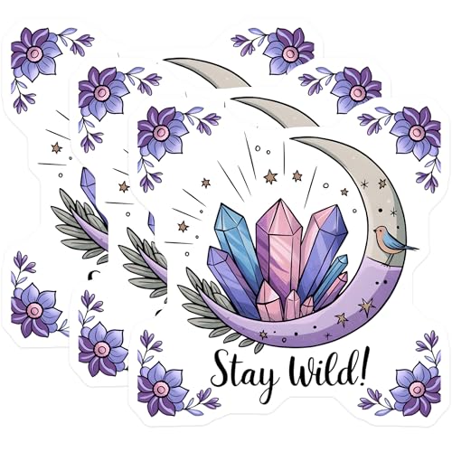 (3 Pack) Stay Wild Decals - Crescent Moon Crystals - Boho Laptop Decal- 3 Inches On Longest Side - Easy Peel & Apply - Made in USA - 3MCS5300