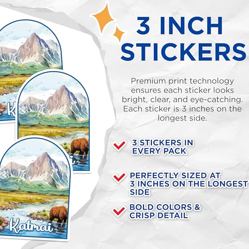 (3 Pack) Katmai National Park Decals - Alaskan Scenery - Brown Bear Decals - 3 Inches On Longest Side - Easy Peel & Apply - Made in USA - 3MCS0412