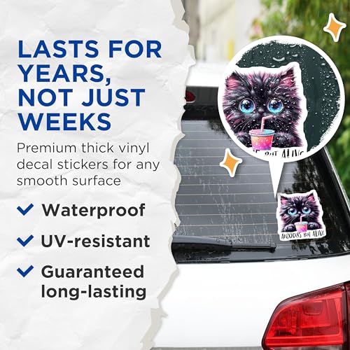 (2 Pack) Anxious But Alive Stickers - Cute Cat Stickers - Funny Animal Stickers for Laptops and Water Bottles - 5" On Longest Side - Sticks to Smooth Flat Surfaces - Made in USA - BMCS4587