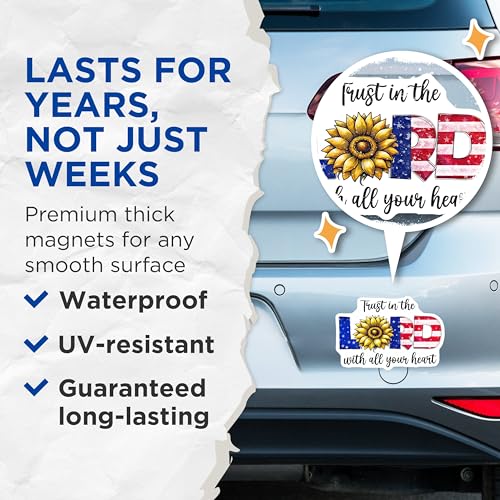 (2 Pack) Trust in The Lord Magnets - Sunflower Decor - Faith and Patriotic Home Decor - 5" On Longest Side - for Cars, Fridges, Toolboxes - Made in USA - MAG7874