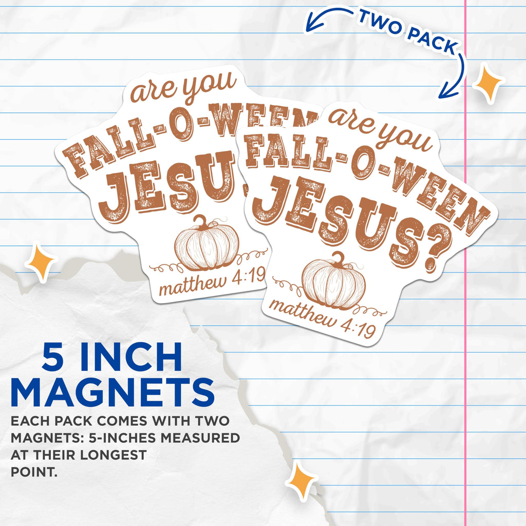(2 Pack) Fall-O-Ween Jesus Magnets - Christian Faith Autumn Display - Matthew 4:19 Pumpkin Decor - 5 Inches On Longest Side - Thick Durable Magnet - Made in USA - MAG23585