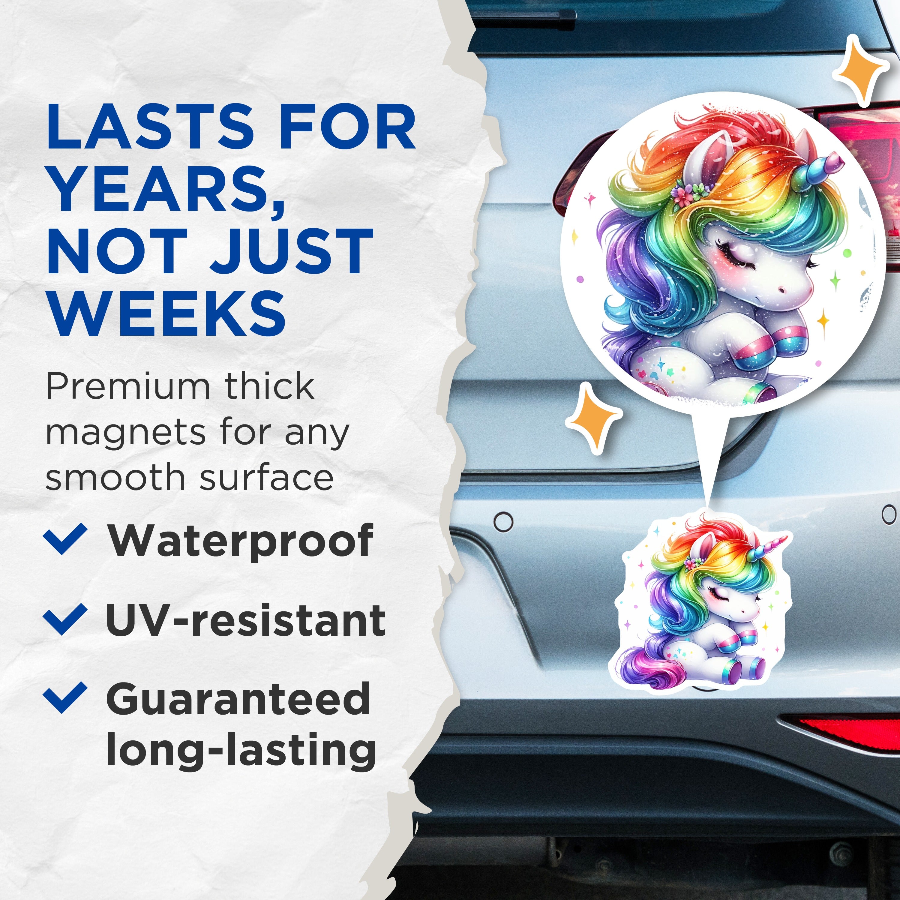 (2 Pack) Kawaii Unicorn Magnets - Rainbow Fantasy Decor - Cute Magical Creature - Kids Room Accent - 5 Inches On Longest Side - Thick Durable Magnet - Made in USA - MAG36352