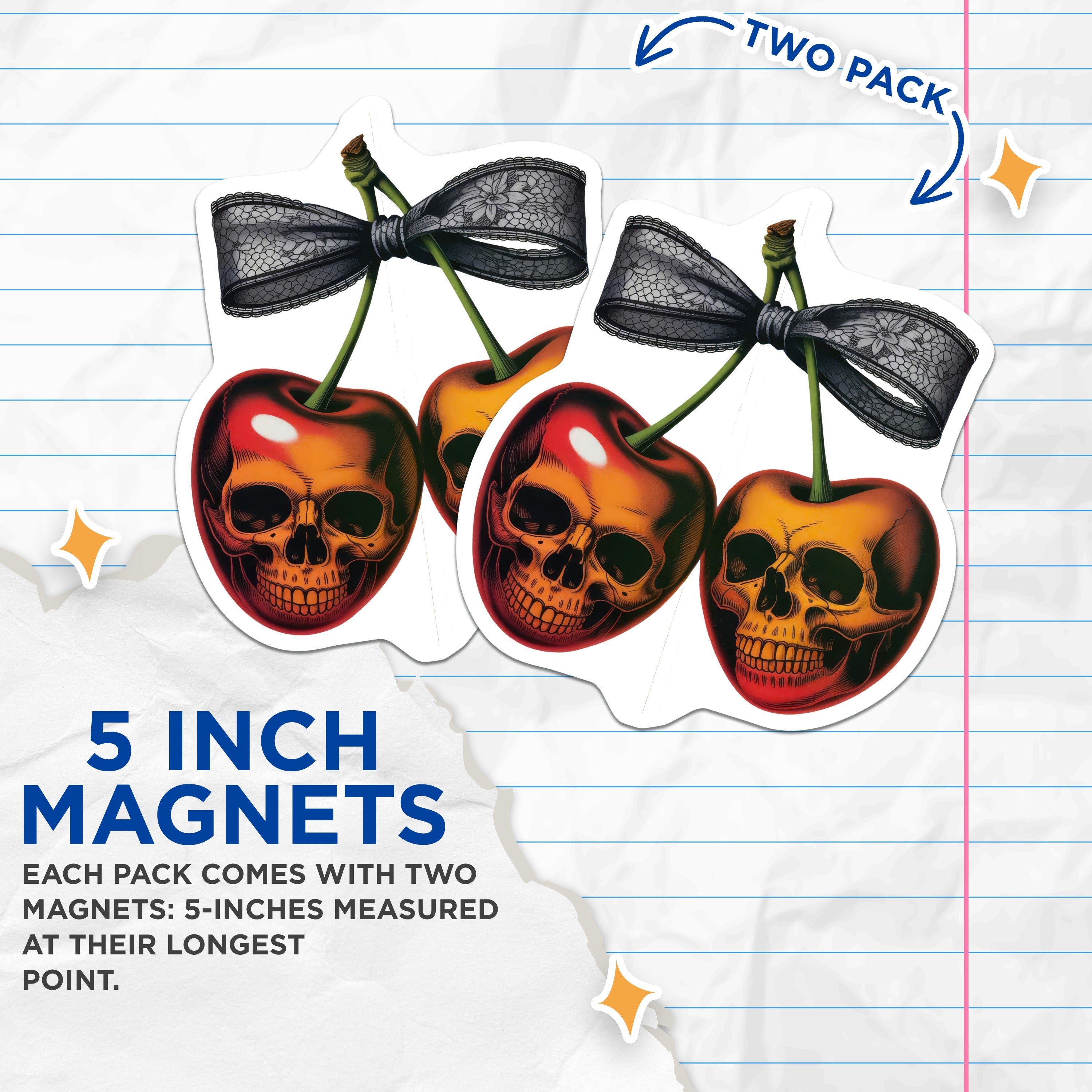 (2 Pack) Skull Cherry Magnets - Goth Aesthetic Decor - Dark Romance Refrigerator Accessories - 5 Inches On Longest Side - Thick Durable Magnet - Made in USA - MAG36544
