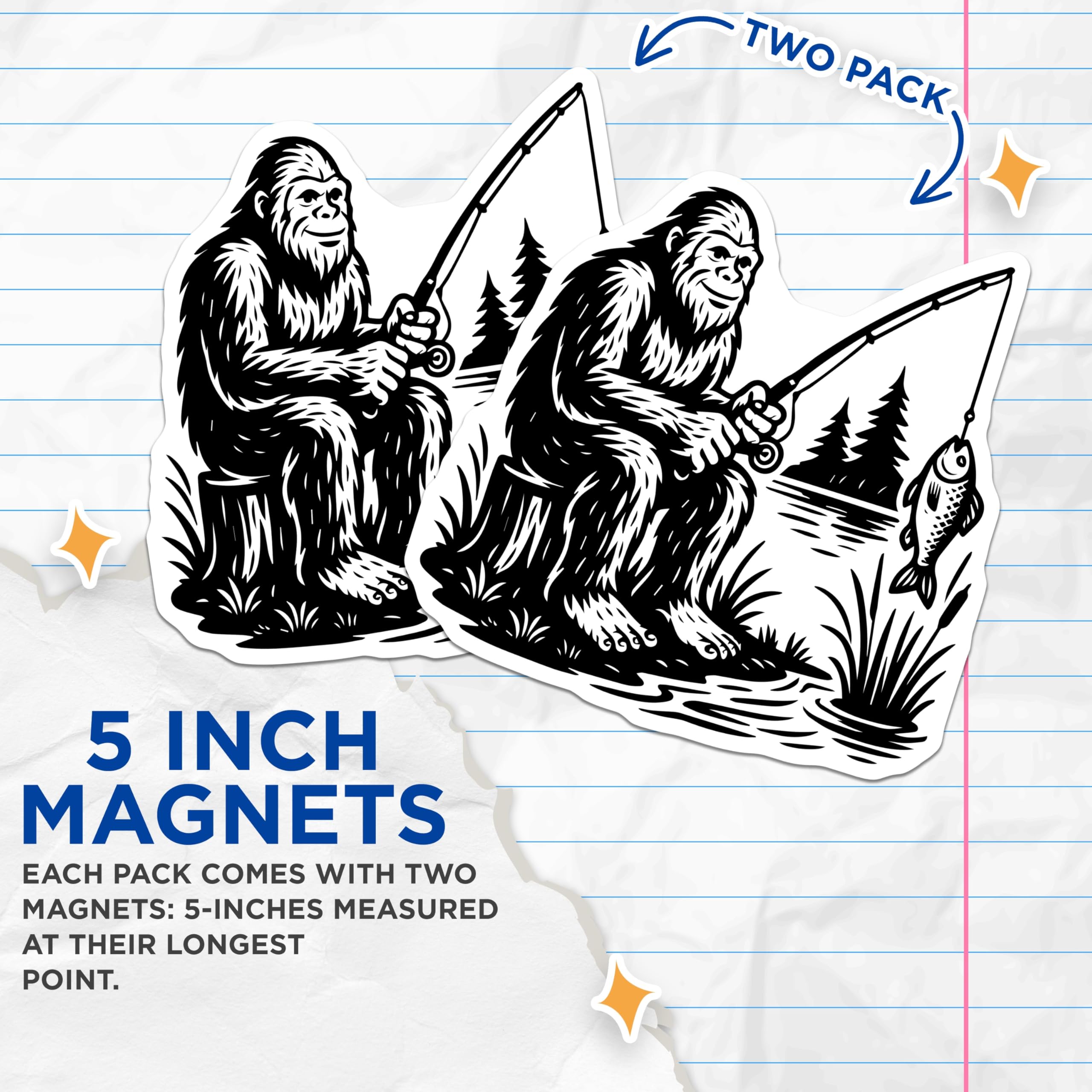 (2 Pack) Bigfoot Fishing Magnets - Sasquatch Catch of The Day - Cryptid Fisherman - 5" On Longest Side - Premium Magnet - for Cars, Refrigerators, Toolboxes, Lockers - Made in USA - MAG16852