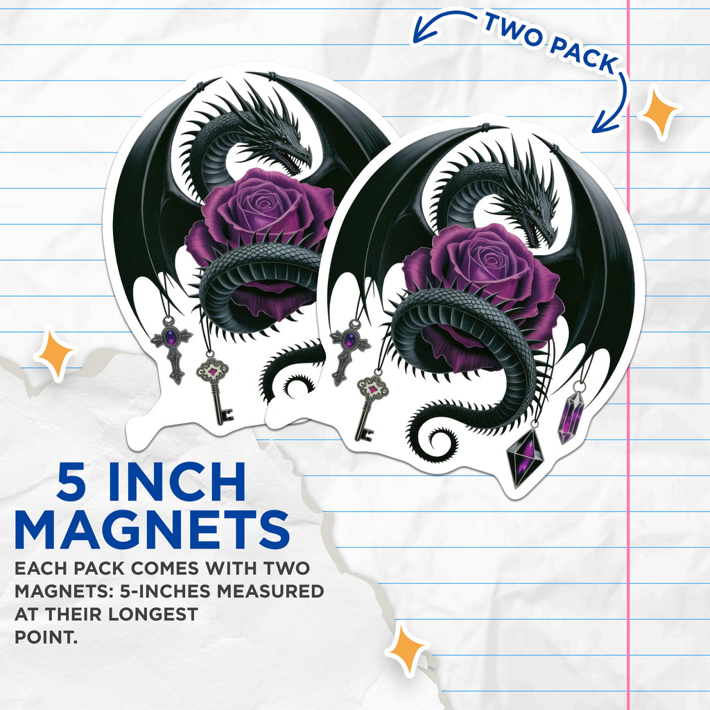 (2 Pack) Dark Dragon Magnets - Gothic Purple Rose Decor - Mystical Fantasy Fridge Accents - Witchy Kitchen Decor - 5 Inches On Longest Side - Thick Durable Magnet - Made in USA - MAG37807