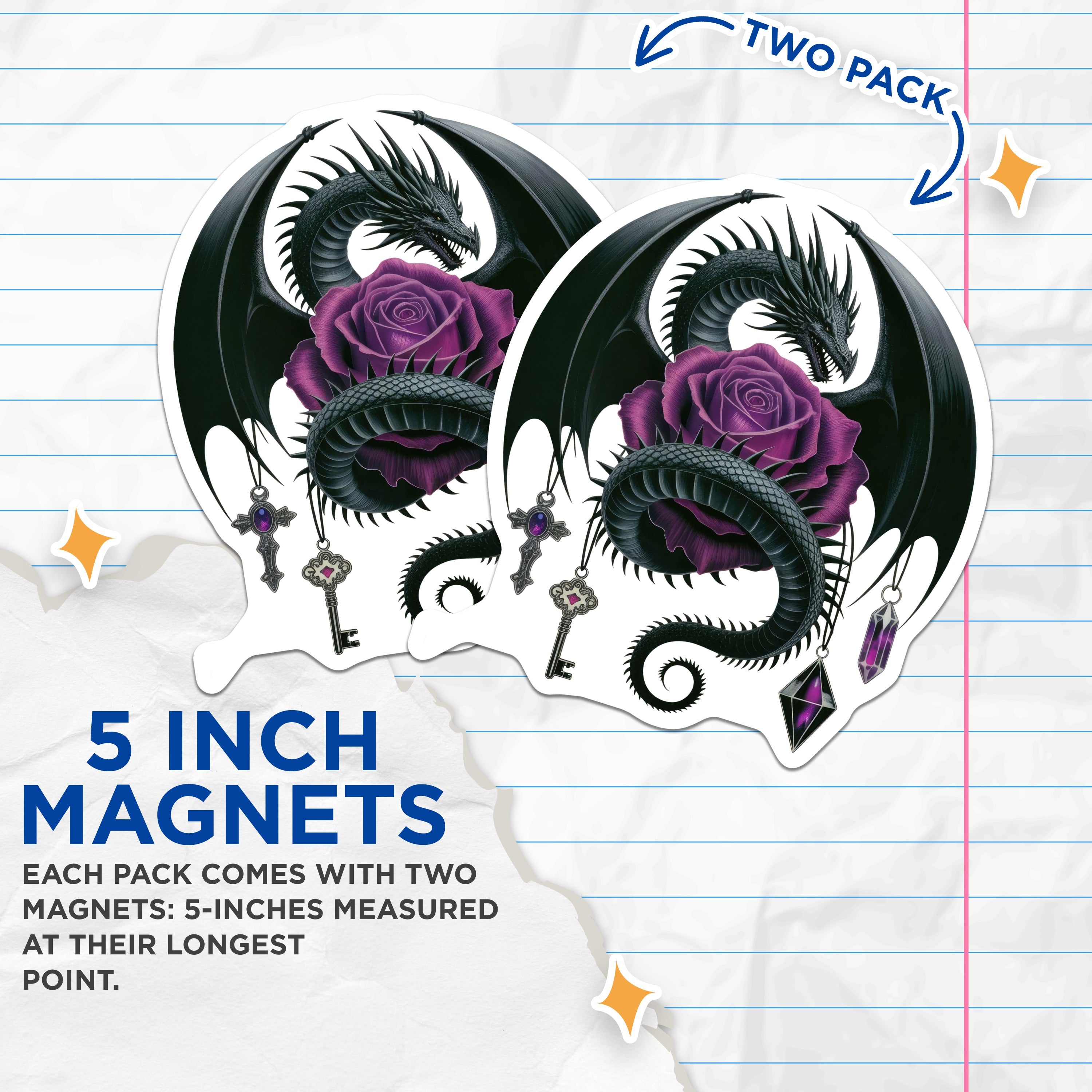(2 Pack) Dark Dragon Magnets - Gothic Purple Rose Decor - Mystical Fantasy Fridge Accents - Witchy Kitchen Decor - 5 Inches On Longest Side - Thick Durable Magnet - Made in USA - MAG37807
