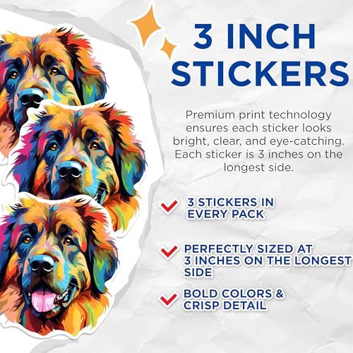 (3 Pack) Tibetan Mastiff Decals - Colorful Dog Breed - Laptop Decal - 3 Inches On Longest Side - Easy Peel & Apply - Made in USA - 3MCS0767