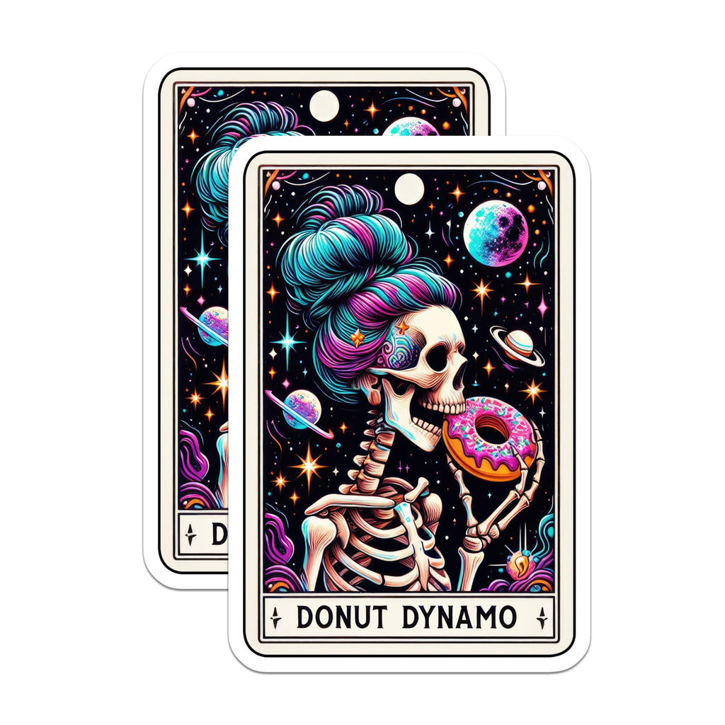 (2 Pack) Donut Dynamo Stickers - Cosmic Skeleton Stickers - Outer Space Skull Donut Design - 5" On Longest Side - Sticks to Smooth Flat Surfaces - Made in USA - BMCS4842