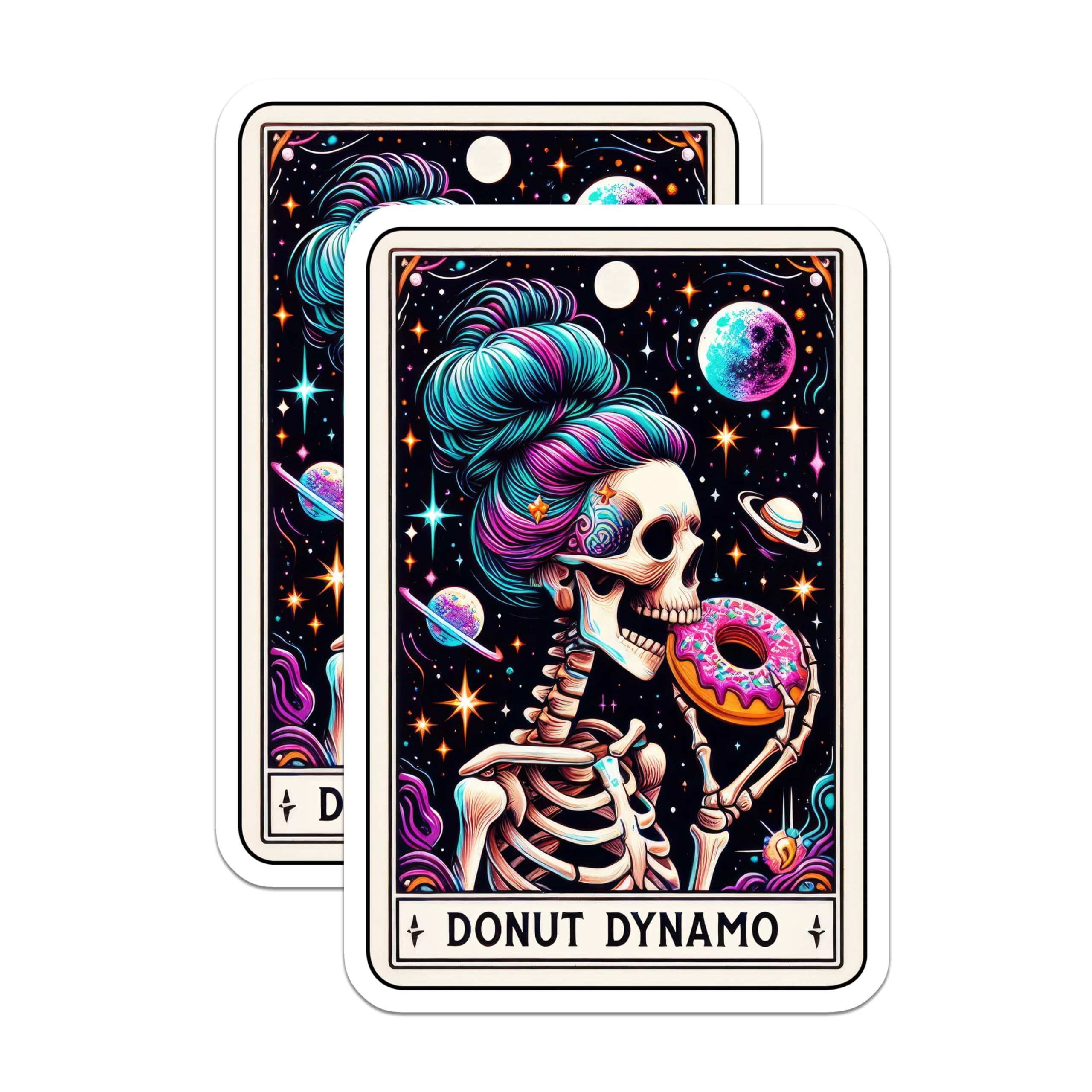 (2 Pack) Donut Dynamo Stickers - Cosmic Skeleton Stickers - Outer Space Skull Donut Design - 5" On Longest Side - Sticks to Smooth Flat Surfaces - Made in USA - BMCS4842