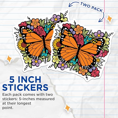 (2 Pack) Butterfly Floral Stickers - Colorful Garden - Nature Art Decal Graphics - 5" On Longest Side - Sticks to Smooth Flat Surfaces - Made in USA - BMCS5995