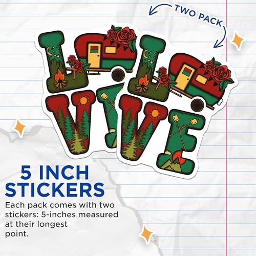 (2 Pack) Love Camping Stickers - Camper Van Adventure - Outdoor Campfire Sticker Pack - 5" On Longest Side - Sticks to Smooth Flat Surfaces - Made in USA - BMCS4177