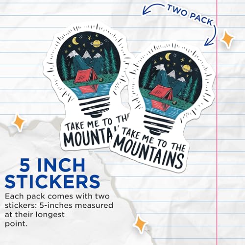 (2 Pack) Take Me to The Mountains Stickers - Camping Adventure Stickers - Nature Outdoor Hiking Stickers - 5" On Longest Side - Sticks to Smooth Flat Surfaces - Made in USA - BMCS4057