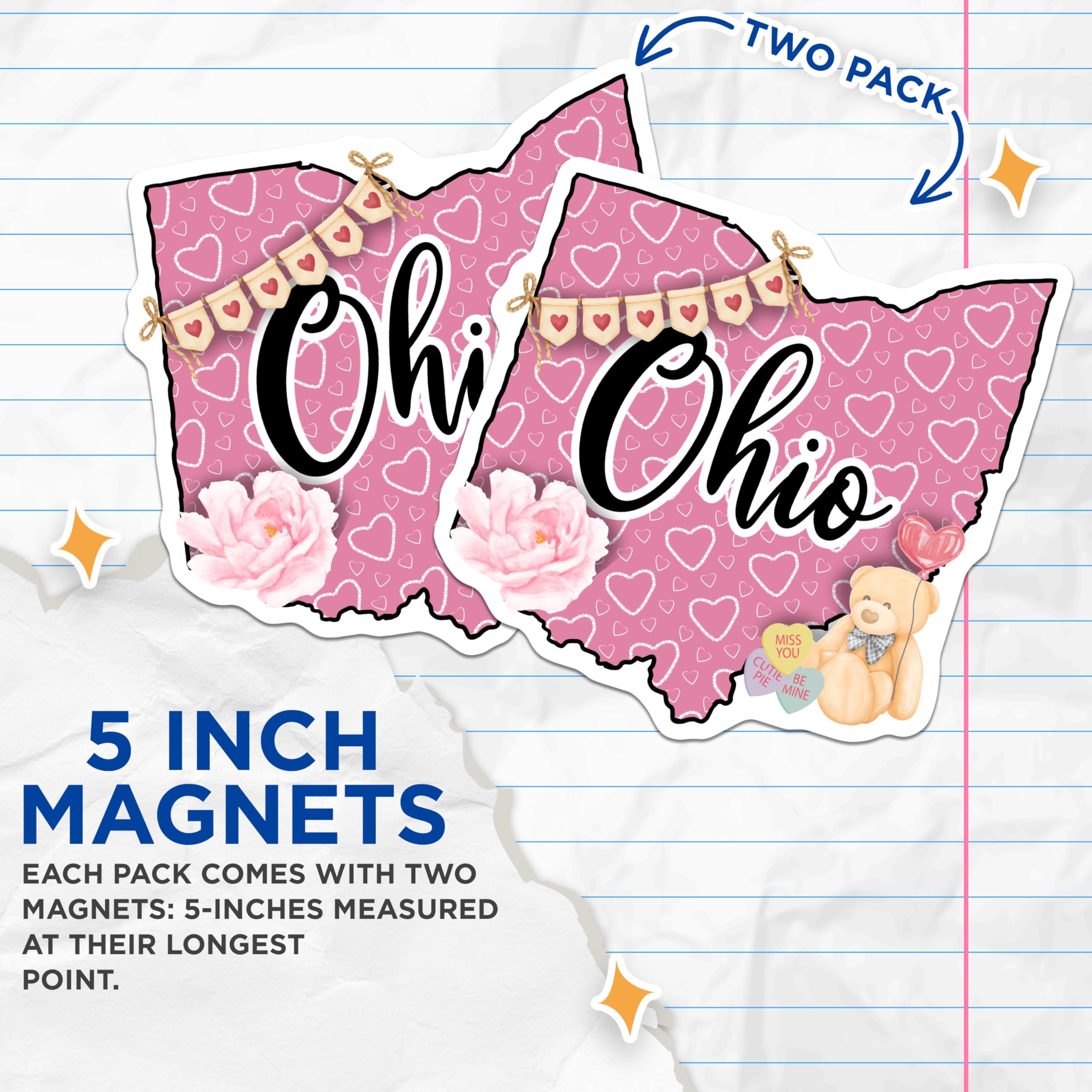 (2 Pack) Ohio State Magnets - Teddy Bear with Hearts - Ohio Home Decor - 5" On Longest Side - Premium Magnet - for Cars, Refrigerators, Toolboxes, Lockers - Made in USA - MAG18330