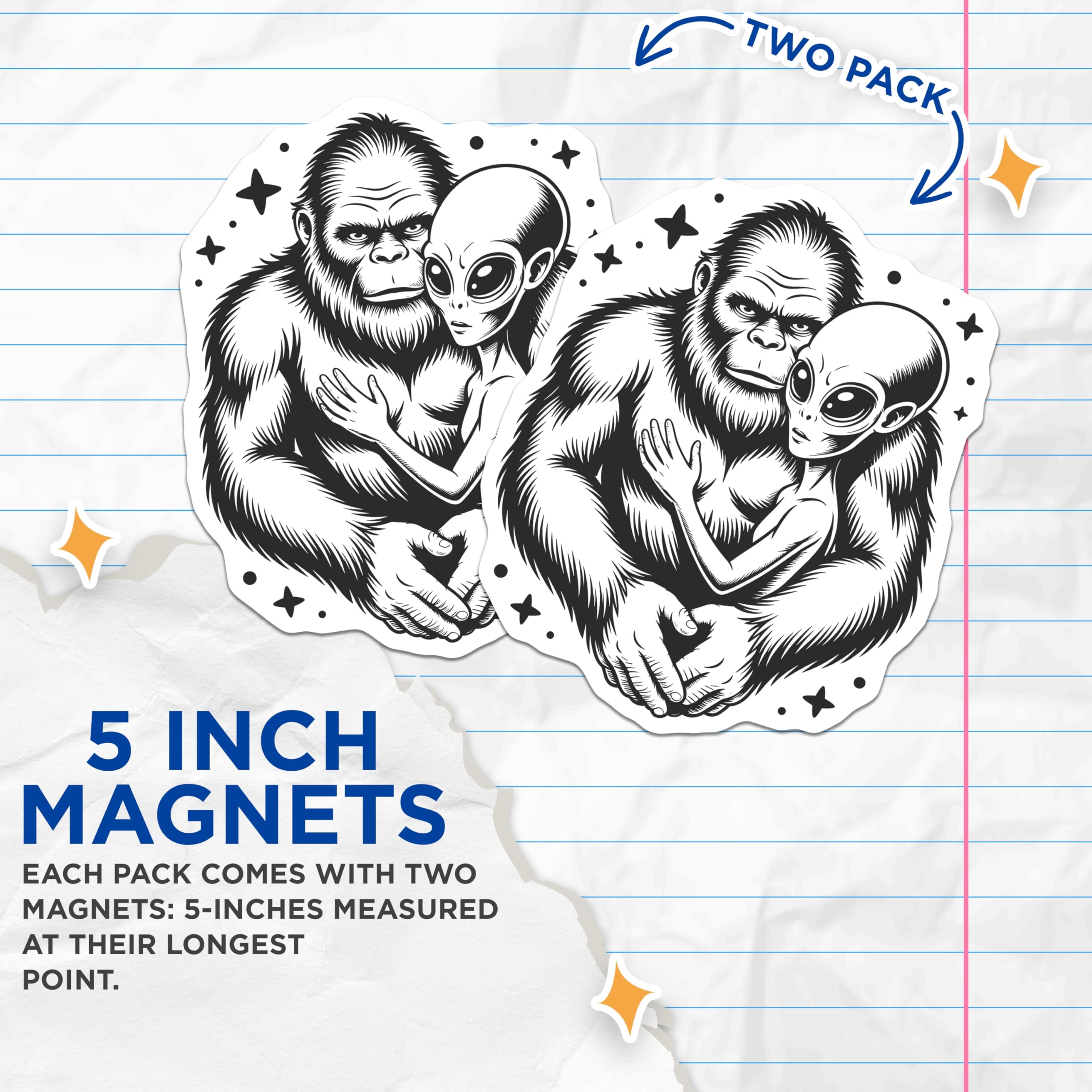(2 Pack) Bigfoot Alien Hug Magnets - Sasquatch Extraterrestrial Love - Cryptozoology Space Couple Art - 5 Inches On Longest Side - Thick Durable Magnet - Made in USA - MAG22695