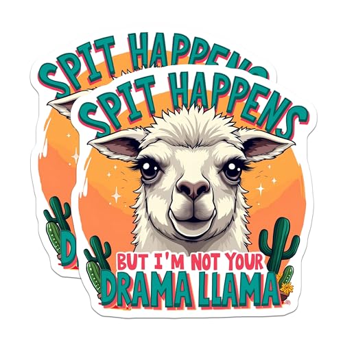 (2 Pack) Spit Happens Stickers - Funny Animal Unique Llama Art - Humorous Quote - 5" On Longest Side - Sticks to Smooth Flat Surfaces - Made in USA - BMCS5322