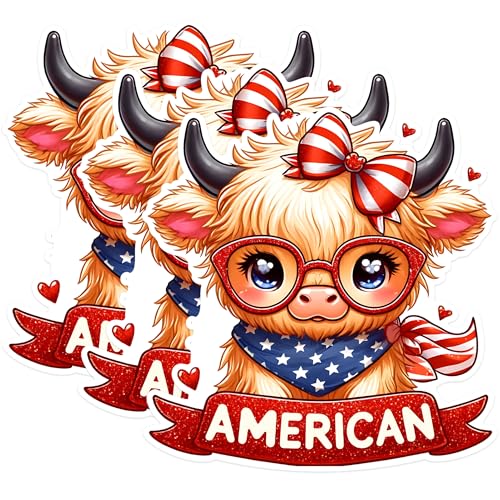 (3 Pack) American Highland Cow Decals - Patriotic Bull - Cute Animal Decal - 3 Inches On Longest Side - Easy Peel & Apply - Made in USA - 3MCS1530