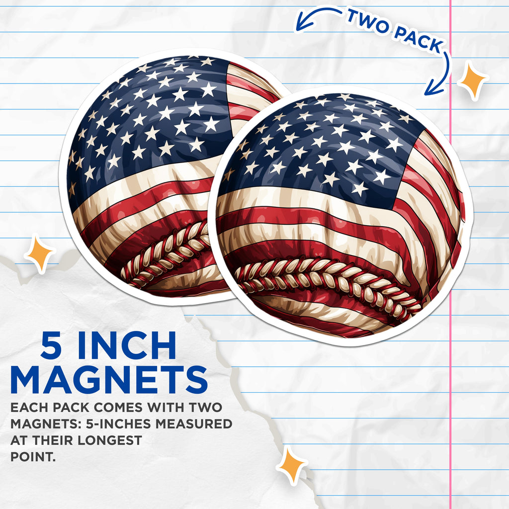 (2 Pack) American Flag Baseball Magnets - Patriotic Sports Fan - July 4th Decor for Dad - 5 Inches On Longest Side - Thick Durable Magnet - Made in USA - MAG39967