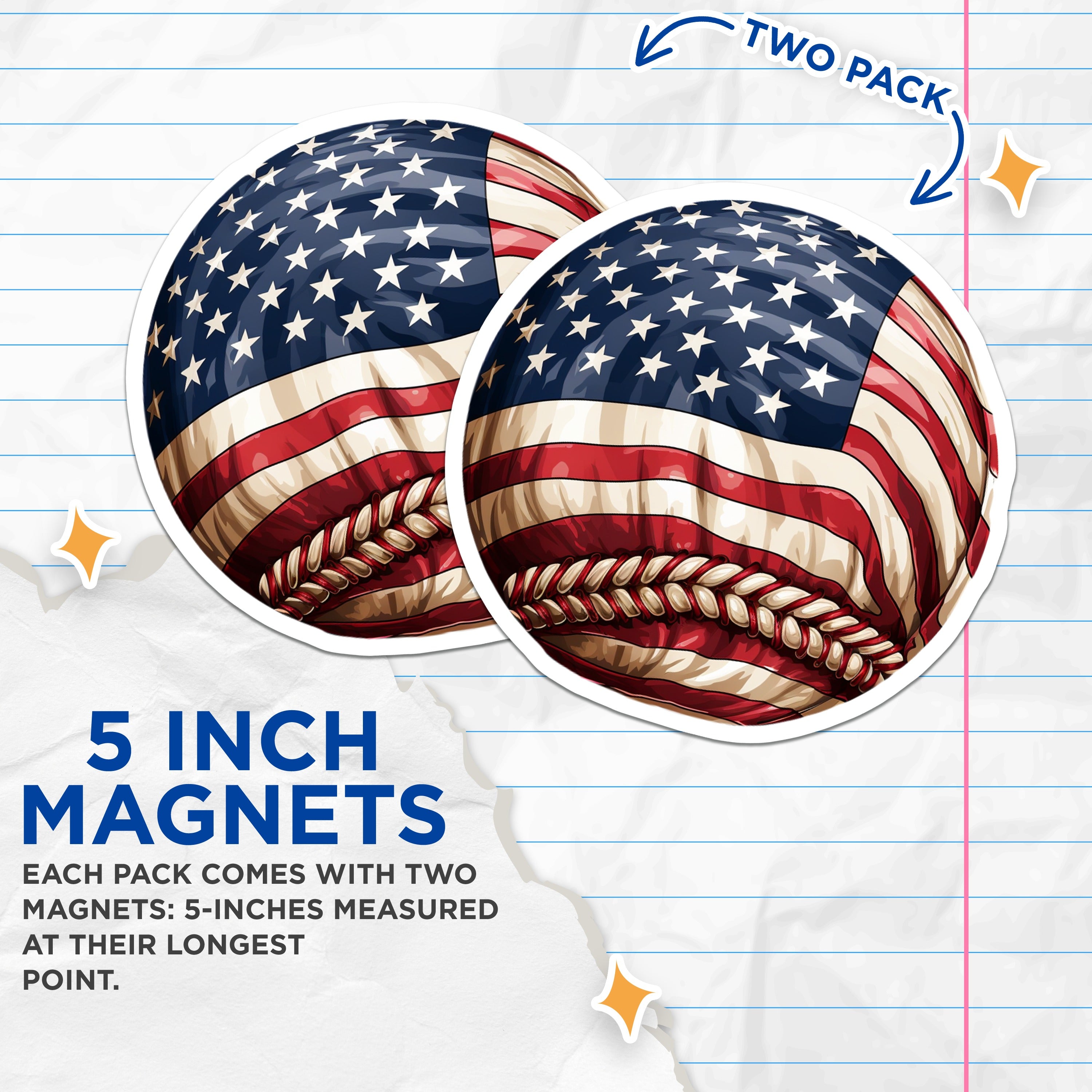 (2 Pack) American Flag Baseball Magnets - Patriotic Sports Fan - July 4th Decor for Dad - 5 Inches On Longest Side - Thick Durable Magnet - Made in USA - MAG39967