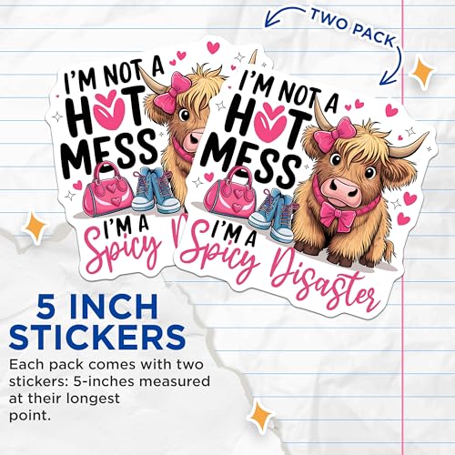(2 Pack) Funny Cow Stickers - Animal Lover - Cute Pun - Spicy Disaster - Adorable Farm Animal - 5" On Longest Side - Sticks to Smooth Flat Surfaces - Made in USA - BMCS5105