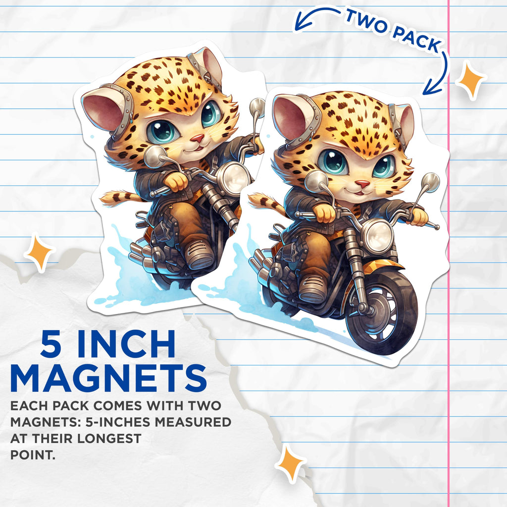 (2 Pack) Motorbike Cat Magnets - Biker Kitten Art - Cool Fridge Magnets - 5" On Longest Side - Premium Magnet - for Cars, Refrigerators, Toolboxes, Lockers - Made in USA - MAG16479