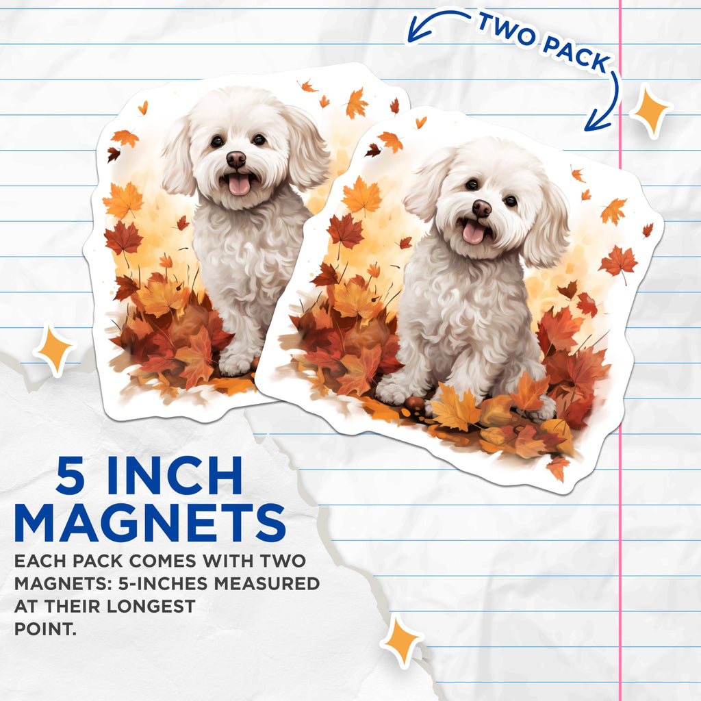 (2 Pack) Cute Fluffy Dog Magnets - Autumn Leaves Decor - Maltese Lover Refrigerator Accessory - 5 Inches On Longest Side - Thick Durable Magnet - Made in USA - MAG28311