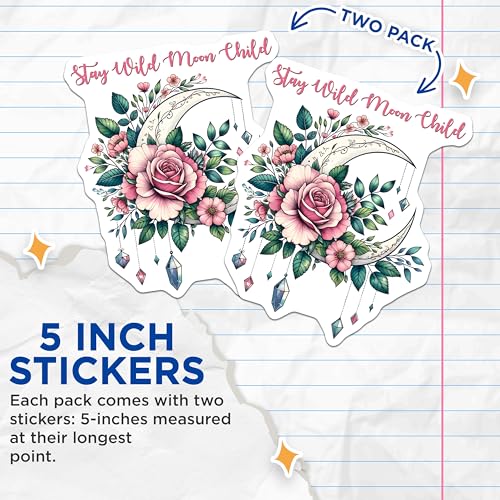 (2 Pack) Stay Wild Moon Child Stickers - Floral Moon Design - Bohemian Aesthetic - 5" On Longest Side - Sticks to Smooth Flat Surfaces - Made in USA - BMCS8063