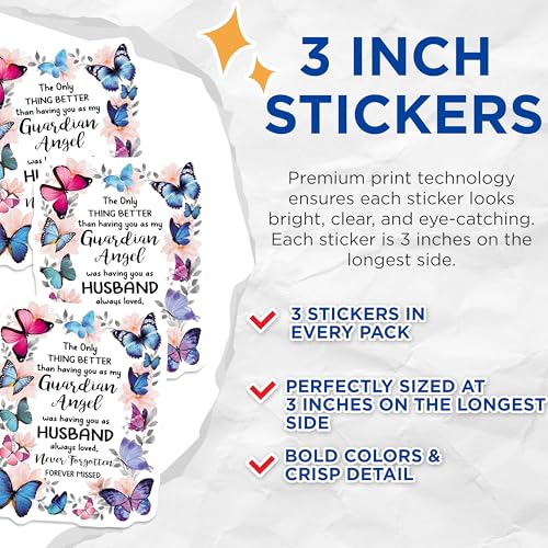 (3 Pack) Guardian Angel Husband Decals - Butterfly Memorial - Bereavement Gift - 3 Inches On Longest Side - Easy Peel & Apply - Made in USA - 3MCS4898