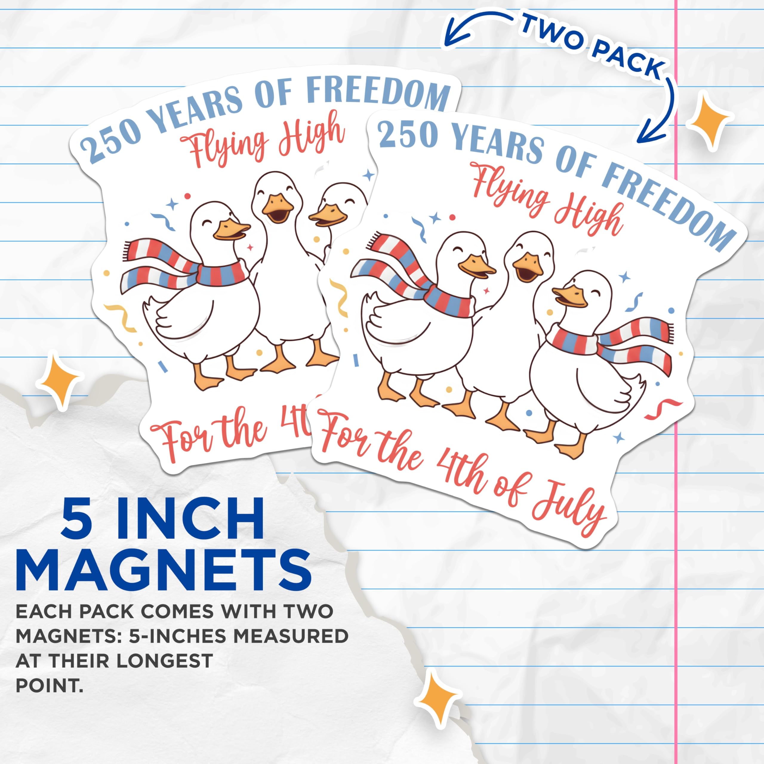 (2 Pack) Patriotic Duck Magnets - 4th of July Celebration - 250 Years Freedom Decor - 5 Inches On Longest Side - Thick Durable Magnet - Made in USA - MAG24509