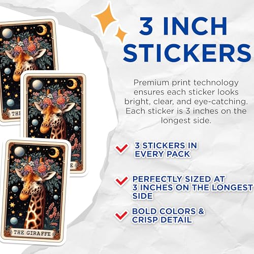 (3 Pack) Giraffe Tarot Card Decals - Floral Crown Giraffe - Laptop Decals - 3 Inches On Longest Side - Easy Peel & Apply - Made in USA - 3MCS4182