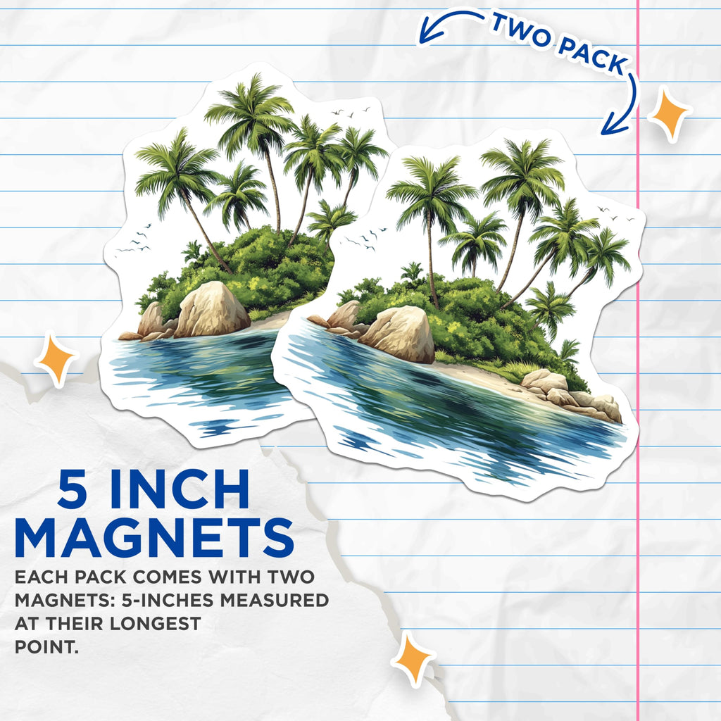 (2 Pack) Tropical Island Magnets - Beach Vacation Decor - Palm Tree Kitchen Accessory - 5 Inches On Longest Side - Thick Durable Magnet - Made in USA - MAG30794