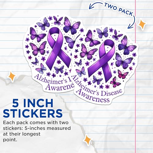 (2 Pack) Alzheimer's Disease Awareness Stickers - Purple Ribbon Support - Butterfly Themed - 5" On Longest Side - Sticks to Smooth Flat Surfaces - Made in USA - BMCS9782
