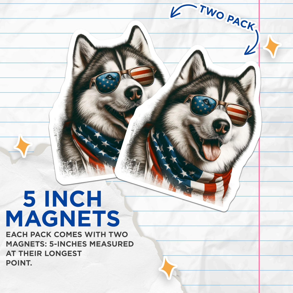 (2 Pack) Husky Dog Magnets - Patriotic Pup Decor - American Flag Canine Magnet - 5" On Longest Side - Premium Magnet - for Cars, Refrigerators, Toolboxes, Lockers - Made in USA - MAG15350