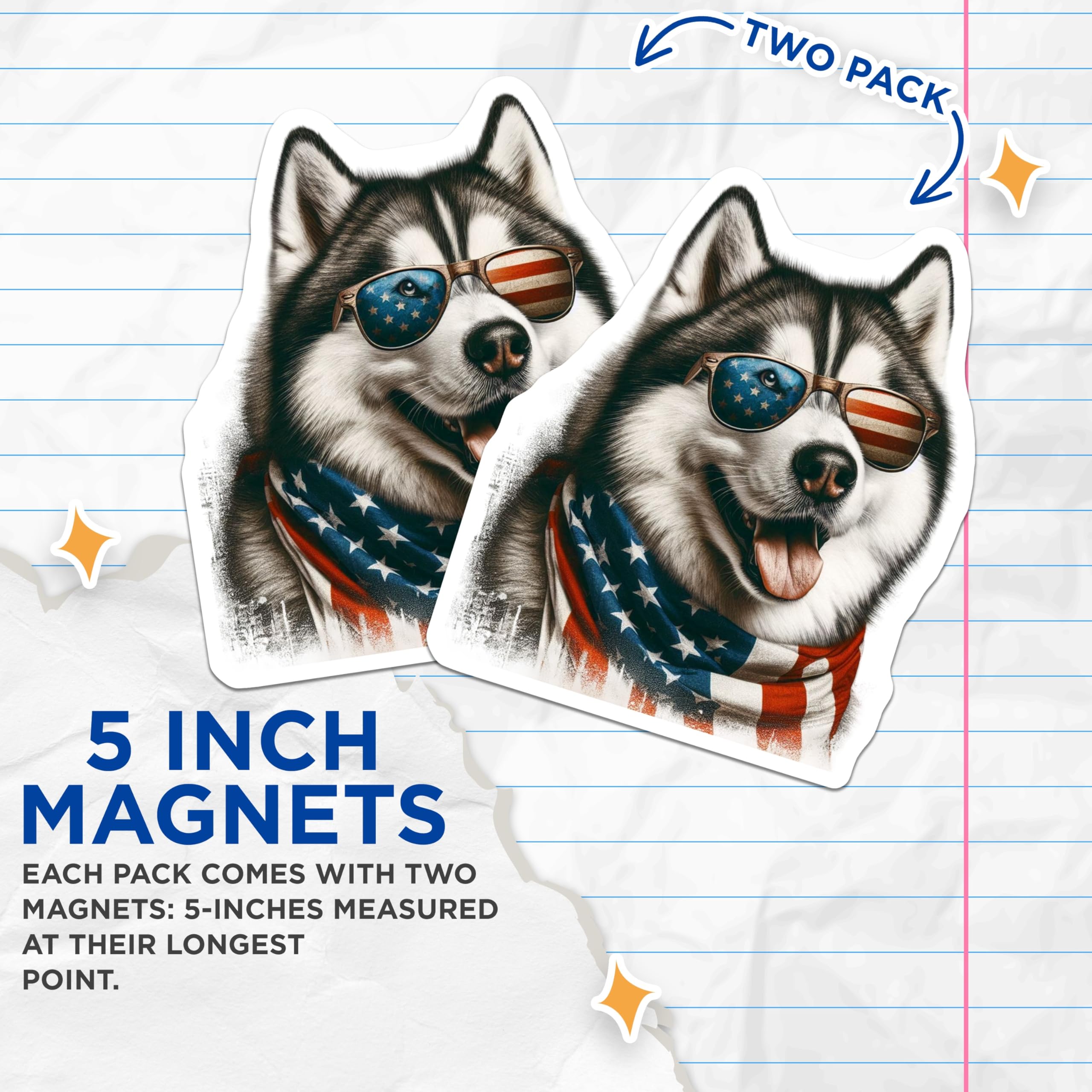 (2 Pack) Husky Dog Magnets - Patriotic Pup Decor - American Flag Canine Magnet - 5" On Longest Side - Premium Magnet - for Cars, Refrigerators, Toolboxes, Lockers - Made in USA - MAG15350