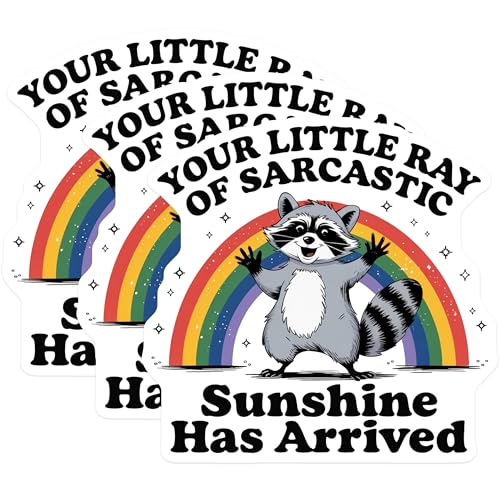 (3 Pack) Sarcastic Sunshine Decals - Funny Raccoon Sticker - Rainbow Laptop Decal - 3 Inches On Longest Side - Easy Peel & Apply - Made in USA - 3MCS4858