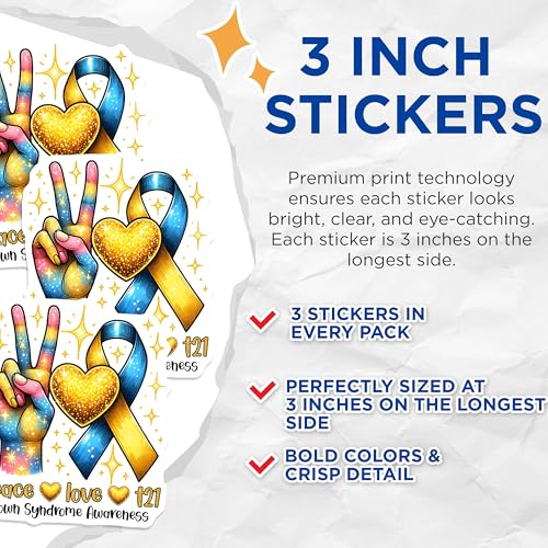 (3 Pack) Down Syndrome Awareness Decals - Peace Love T21 - Laptop Decals - 3 Inches On Longest Side - Easy Peel & Apply - Made in USA - 3MCS6961