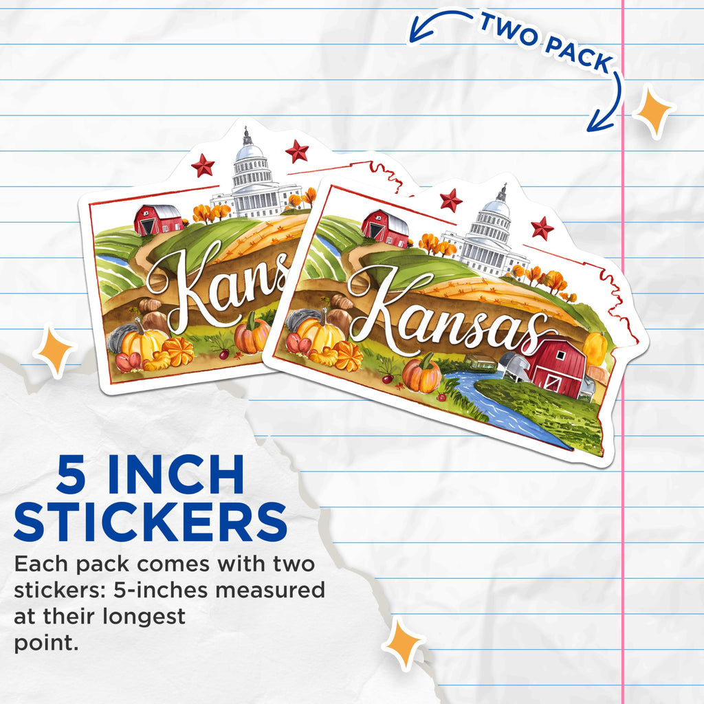 (2 Pack) Kansas State Stickers - State Map Sticker - Kansas Travel Souvenir - Kansas Themed Sticker - 5" On Longest Side - Sticks to Smooth Flat Surfaces - Made in USA - BMCS6273