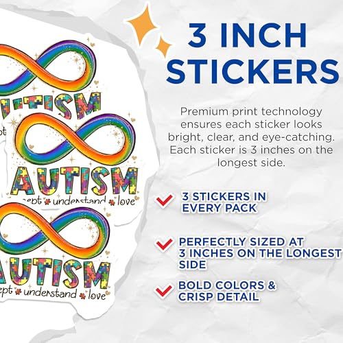 (3 Pack) Autism Awareness Decals - Infinity Rainbow Sticker - Accept Understand Love Decal - 3 Inches On Longest Side - Easy Peel & Apply - Made in USA - 3MCS2929