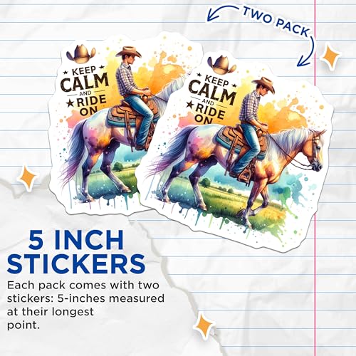 (2 Pack) Keep Calm and Ride On Stickers - Equestrian Inspire - Cowboy Horseback Riding Decal - 5" On Longest Side - Sticks to Smooth Flat Surfaces - Made in USA - BMCS6774