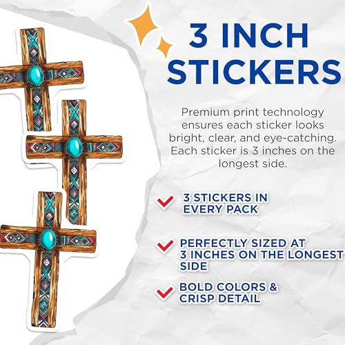 (3 Pack) Turquoise Cross Decals - Southwestern Decal - Rustic Style Decal - 3 Inches On Longest Side - Easy Peel & Apply - Made in USA - 3MCS7502