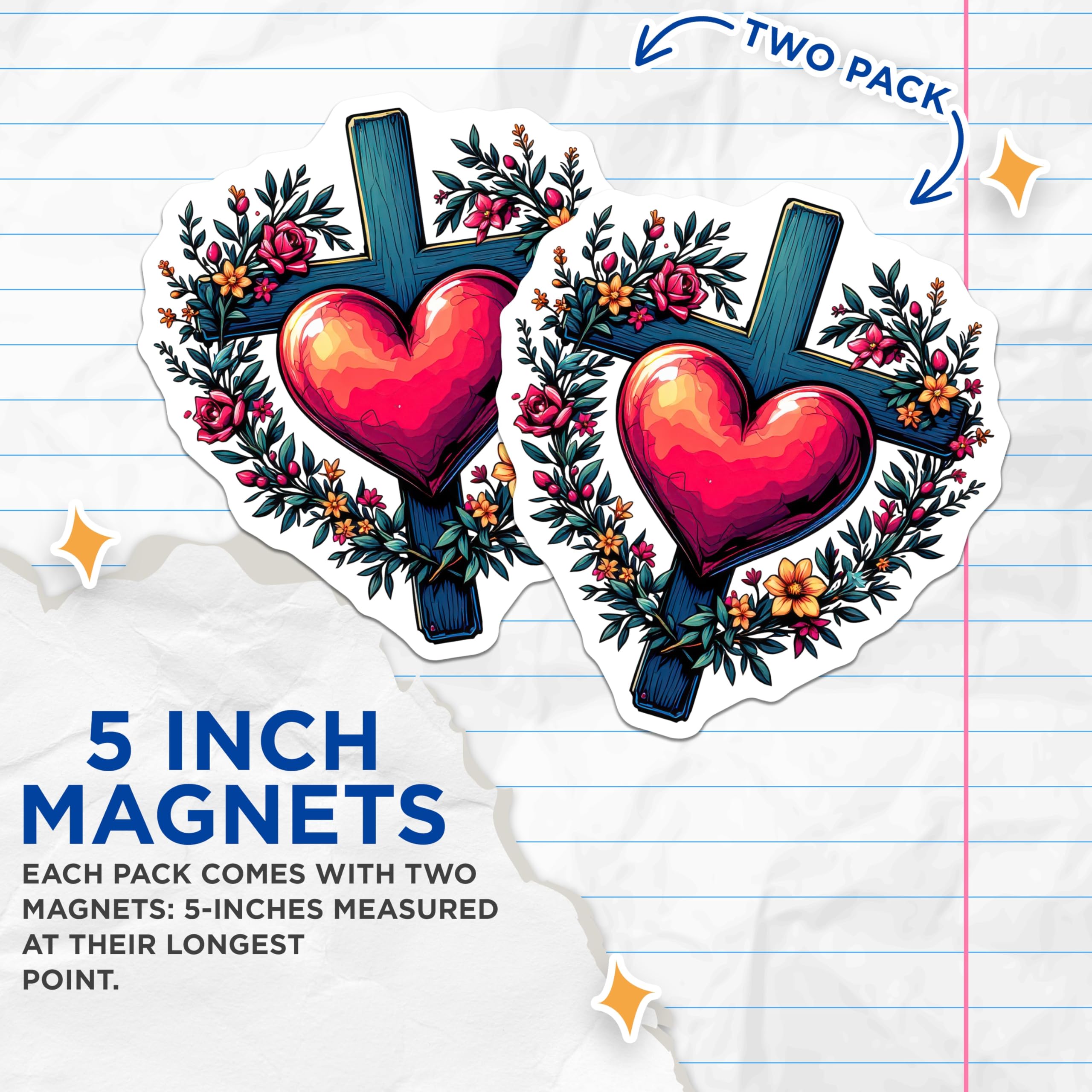 (2 Pack) Christian Cross Magnets - Sacred Heart Floral Design - Faith Inspired Spiritual Decor - 5 Inches On Longest Side - Thick Durable Magnet - Made in USA - MAG22661