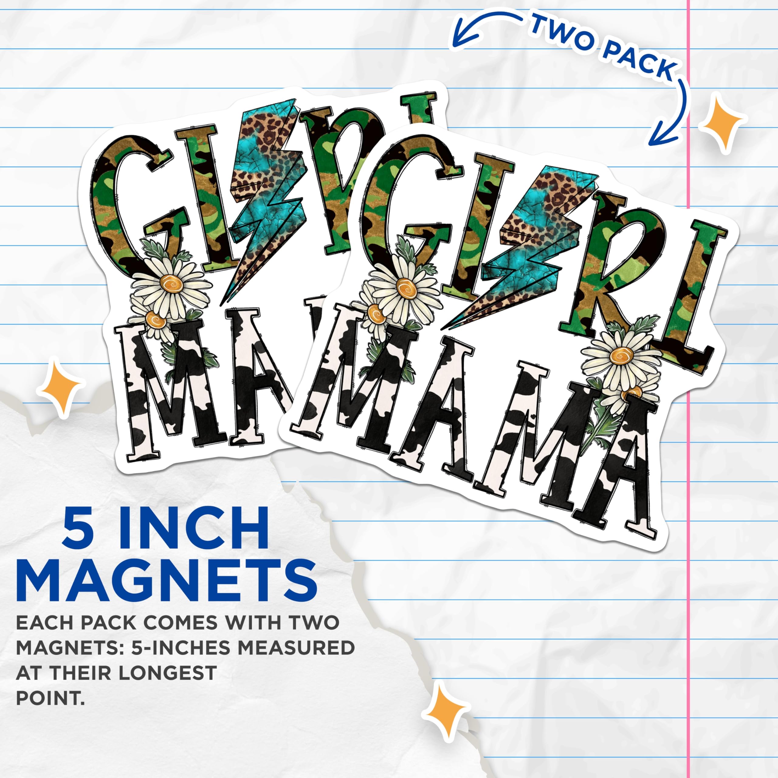 (2 Pack) Girl Mama Magnets - Boho Western Mom Life Decor - Camo Leopard Cow Print Daisy Lightning Bolt for Mothers Day - 5 Inches On Longest Side - Thick Durable Magnet - Made in USA - MAG25743