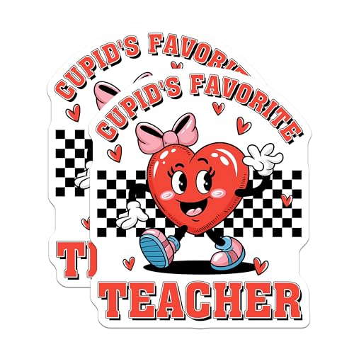 (2 Pack) Cupids Favorite Teacher Stickers - Cute Heart Character - School Teacher Appreciation - 5" On Longest Side - Sticks to Smooth Flat Surfaces - Made in USA - BMCS7647