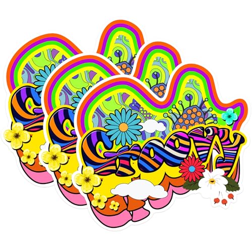 (3 Pack) Groovy Decals - Retro Flower Power Stickers - Psychedelic Laptop Decal - 3 Inches On Longest Side - Easy Peel & Apply - Made in USA - 3MCS1445